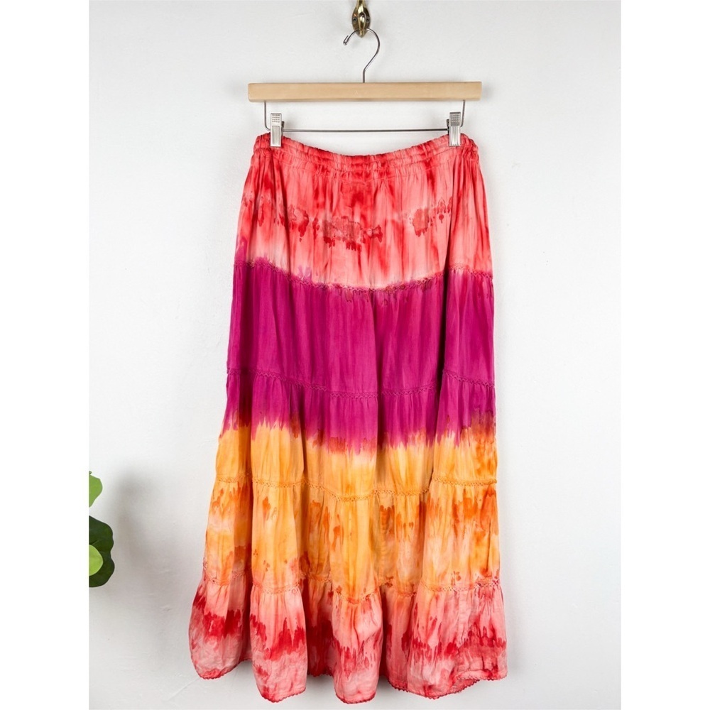 Vintage Bohemian Embroidered Tie Dye Drawstring Waist Midi Skirt Free Size - Picture 2 of 6
